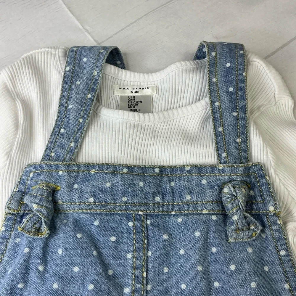 Max Studio Kids Denim Blue Overall Dress with Matching White Long Sleeve Shirt‎